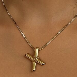 14K Gold Plated Puffer X Charm Necklace Pendant Elegant Jewelry 12" Gold Chain